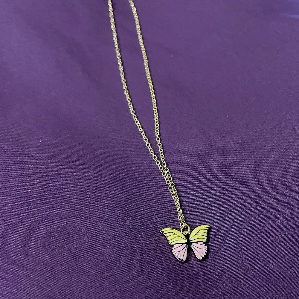 NWOT Girls Pink and Yellow Multi-colored Butterfly Pendant Necklace with Chain